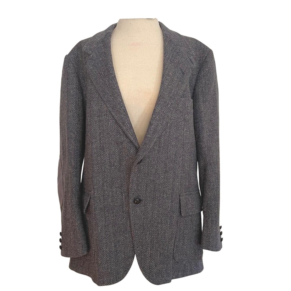 Pendleton Blazer Mens 44 Grey Wool Herringbone Elbow Patch Vintage Academic Chic